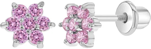 Aretes de seguridad chapados en rodio con circonita cúbica, para niños pequeños y niñas jóvenes, de 0.197in, delicados y brillantes aretes florales