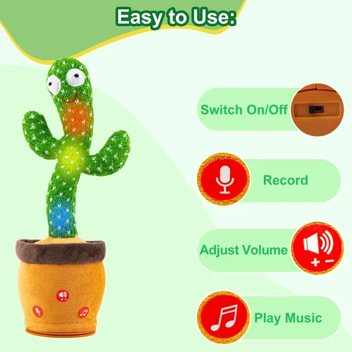 Miniatura 6 de Ayeboovi - Juguetes de cactus bailarín y parlante para bebés, juguete interactivo que repite lo que dices, volumen ajustable, cactus cantante