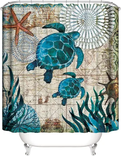Miniatura 16 de Cortina de ducha de tortuga marina, juego de cortinas de ducha de océano azul, divertidas cortinas de ducha con 12 ganchos, cortinas de tela