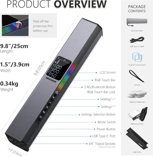 Miniatura 8 de NEEWER Barra de luz de video LED RGB, barra táctil y control de aplicación, varita magnética de iluminación de fotografía portátil, regulable 3200K