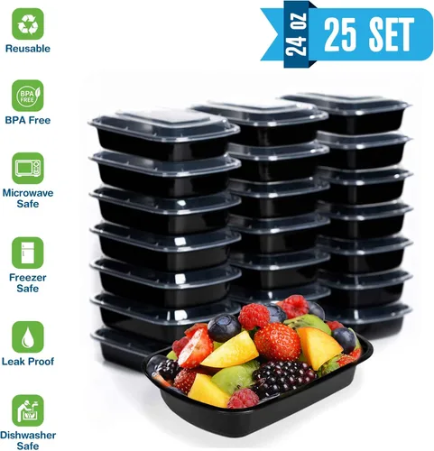 Miniatura 2 de Contenedor de preparación de comidas reutilizable con tapas [25 juegos] de 24 onzas. Recipientes de preparación de alimentos ideales, caja Bento