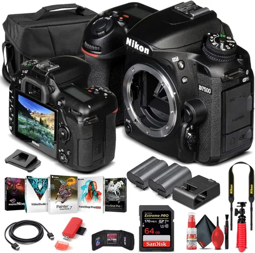 Nikon Cámara D7500 DSLR (solo cuerpo) (1581) + tarjeta de memoria de 64 GB + funda + software de fotos Corel + batería EN-EL 15 + lector de tarjetas