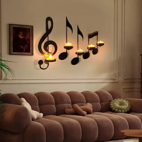 Miniatura 6 de Juego de candelabros de notas musicales 4P negros montados en la pared con bandejas plegables para velas de té, arte decorativo de pared para sala