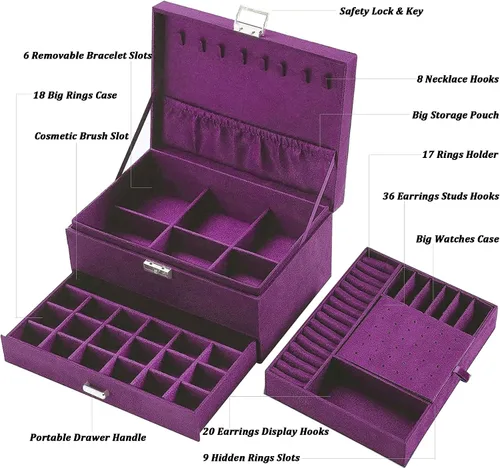 Miniatura 3 de Cajas de Joyería para Mujeres Morado Organizador de Joyas de Terciopelo con Cerradura, Organizadores de Joyas para Adolescentes y Caja Organizadora