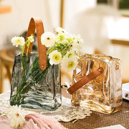 Miniatura 4 de Jarrón de cristal para flores, jarrones transparentes para centros de mesa, florero de bolsa con mango de cuero para decoración de bodas