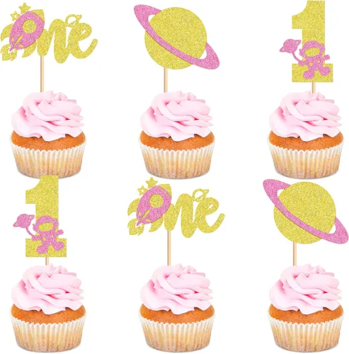 Miniatura 9 de Ercadio 1 pieza de decoración para tartas de niña espacial, luna, estrella, cohete, planeta, decoración de pasteles, espacio de feliz cumpleaños