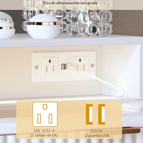 Miniatura 8 de HUAHUU Escritorio de tocador acanalado con espejo y luces, escritorio de maquillaje con parte superior de cristal, mesita de noche y diseño de panel