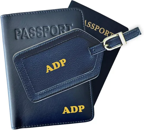 Miniatura 10 de Soporte personalizado de cuero con monograma RFID para pasaporte y etiqueta de equipaje, montura antigua, Juego de funda para pasaporte y etiqueta