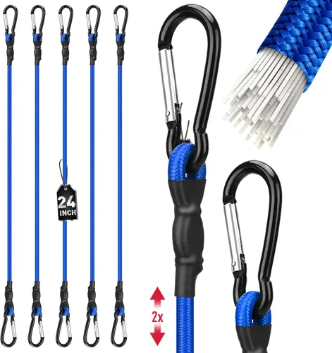 Miniatura 10 de 5 cuerdas elásticas de 24 pulgadas con ganchos de mosquetón, correas elásticas de goma resistentes, cuerda elástica con clips de mosquetón