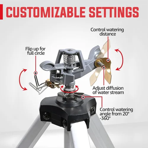 Miniatura 5 de YAMATIC Aspersor de impacto en base de trípode ajustable, área grande de 360 grados, rociador pulsador ajustable resistente para riego de césped
