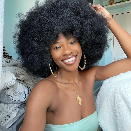 Miniatura 2 de Peluca Afro Corta con Flequillo para Mujeres Negras, Peluca Afro Rizada Esponjosa de Calidad, Peluca Afro Sintetica Grande de los 70 (Negra)