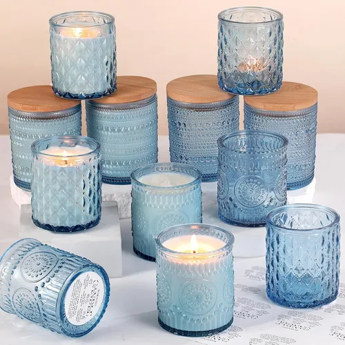 Miniatura 9 de DARJEN Paquete de 12 tarros de vela de ámbar para hacer velas - 3 estilos de tarros de vidrio para hacer velas a granel con tapas de bambú