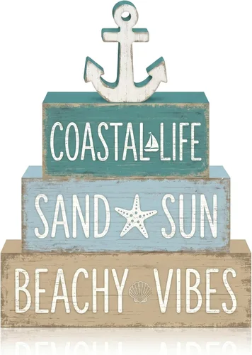 4 piezas de decoración de mesa de ancla costera para el hogar, decoración náutica de bandeja escalonada de playa, letreros de madera para la vida