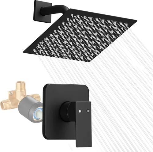 Miniatura 8 de Juego de cabezal de ducha y grifo negro completo con accesorios de ducha de válvula con 6 pulgadas de alta presión de lluvia cabezal de ducha kit