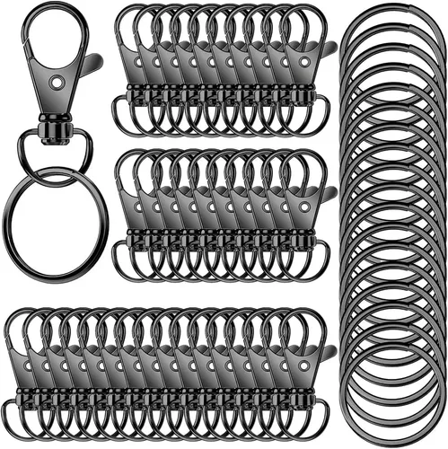 100 llaveros giratorios de alta calidad con llaveros, clip de llavero de metal y llavero, 50 ganchos para llaveros y 50 llaveros para cordón, Negro
