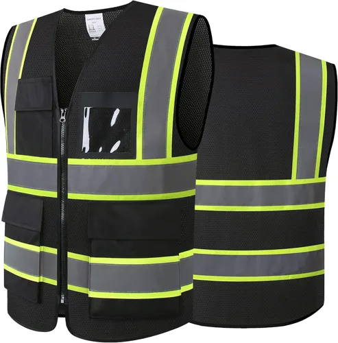 Chaleco de seguridad reflectante de alta visibilidad para hombres y mujeres con bolsillos y cremallera frontal, cumple con los estándares ANSI/ISEA