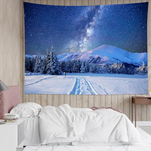 Miniatura 5 de HVEST Tapiz de cielo estrellado, nieve, montaña, para colgar en la pared, bosque de pinos, tapices para dormitorio, sala de estar, decoración