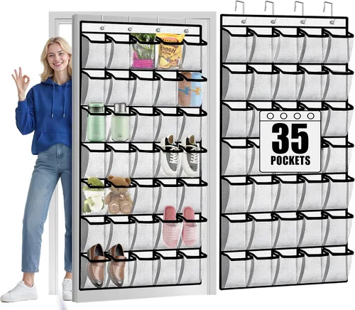 Miniatura 10 de Aheroi Organizador grande con 35 bolsillos para colgar sobre la puerta, organizador de zapatos colgante con bolsillos de malla transpirable
