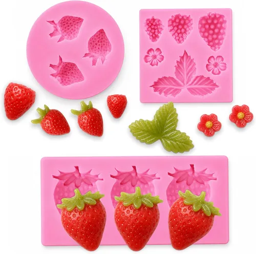 YunKo Juego de moldes de silicona para fondant, paquete de 3 moldes flexibles de chocolate y fresa, moldes de fresa de grado alimenticio para
