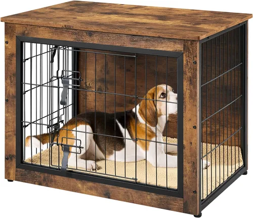 Yaheetech 32" Mesa auxiliar de jaula para perros con cojín, jaula de madera para perros con puertas dobles/pies ajustables, mesa auxiliar lateral