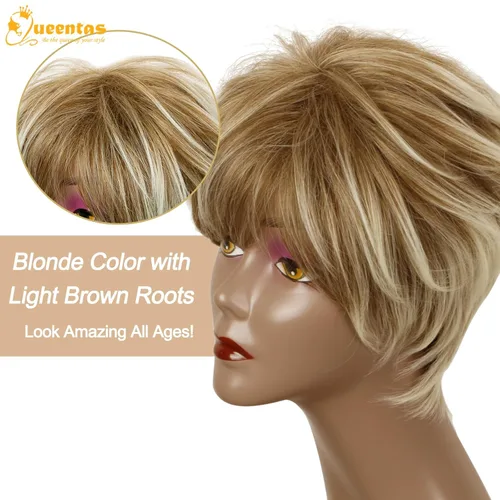 Miniatura 5 de QUEENTAS Pixie - Pelucas rubias cortas en capas para mujeres blancas y negras, cabello sintético (rubio mezclado con marrón)