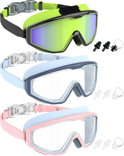 Miniatura 19 de NSSIW Gafas de natación para niños, antiniebla, sin fugas, con clip para la nariz, tapones para los oídos para niñas, niños y jóvenes, 6-14, paquete