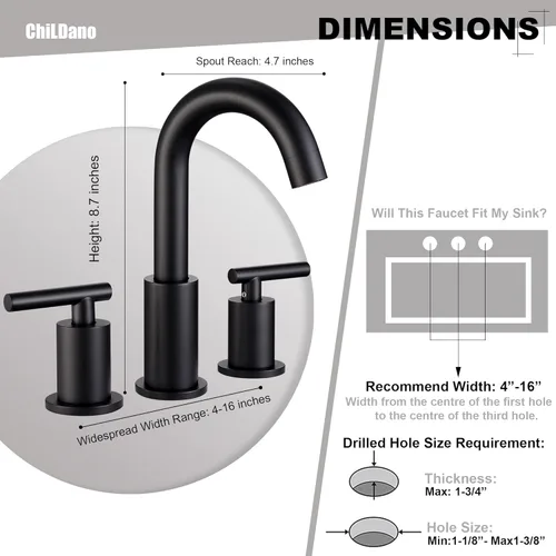 Miniatura 2 de Grifo de Baño Negro con Desagüe Pop-Up y Manguera de Suministro, 8 Pulgadas 2 Manijas 3 Orificios Grifo de Baño Extendido, ChiLDano Grifo de Baño
