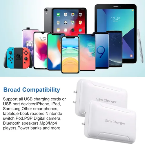 Miniatura 5 de Cargador de pared delgado, paquete de 2 cargadores de pared USB-A de doble puerto de 3A/5V con enchufe plegable, enchufe de pared USB doble plano