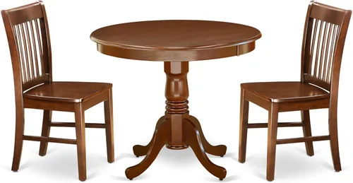 East West Furniture ANNO3-MAH-W - Juego de mesa de comedor de 3 piezas contiene una mesa de cocina redonda con pedestal y 2 sillas de comedor, 36 x