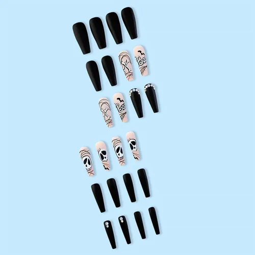 Miniatura 3 de 24 uñas largas a presión de Halloween, uñas postizas de Halloween, uñas postizas acrílicas con forma de ataúd con diseños, cobertura completa