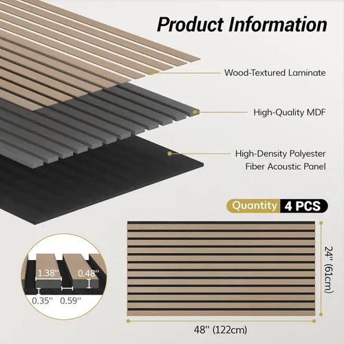 Miniatura 2 de TONOR 4 paneles de listones de madera, paneles acústicos adhesivos de 48 x 24 pulgadas para pared, paneles decorativos 3D estriados para absorción