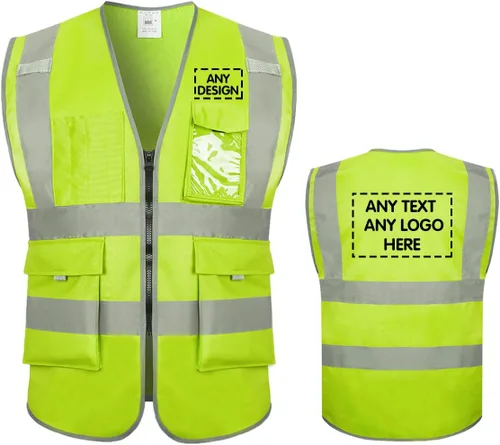 Chaleco de seguridad personalizado con logotipo personalizado Ansi Clase 2 bolsillos Chaleco reflectante de alta visibilidad para hombres y mujeres,
