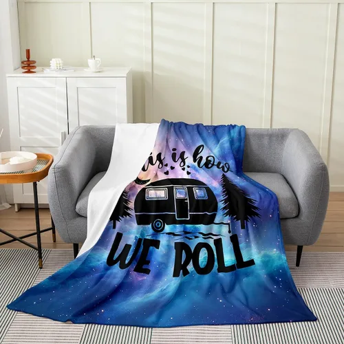 Miniatura 24 de jejeloiu Manta de cama de campamento para todas las estaciones, manta de franela de vellón con temática de campamento feliz, manta peluda de madera