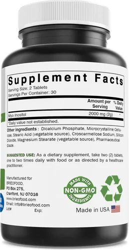 Miniatura 3 de Brieofood Myo Inositol 2000 mg por porción - 60 tabletas - Probado en laboratorio de terceros