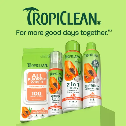 Miniatura 8 de TropiClean Champú y acondicionador 2 en 1 para perros, aroma a papaya de larga duración, desenredante hidratante para perros, seguro para cachorros