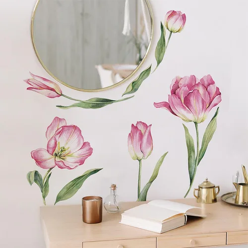 Miniatura 7 de 2 hojas de calcomanías de pared de flores rosas grandes, tulipán, flores, flores, jardín, hojas verdes, plantas, vinilo, bricolaje, decoración