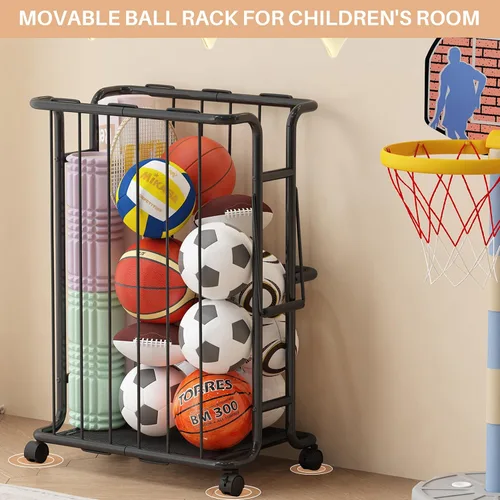 Miniatura 7 de Estante de almacenamiento grande para pelotas de garaje con ruedas, con asa, para baloncesto, fútbol, voleibol, garaje, gimnasio, color negro