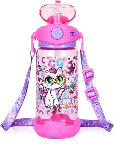 Botella de agua para niños con pajita/cordón para niños de la escuela, niños y niñas, 22 oz / 650 ml, sin BPA, botella de agua para beber para
