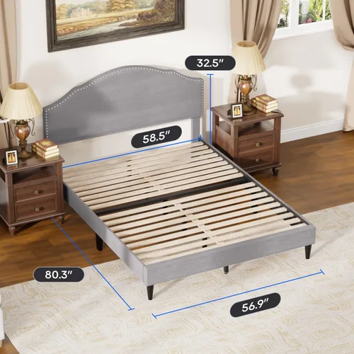 Miniatura 2 de PayLessHere Base de cama tapizada de plataforma completa con cabecera de tela y soporte de listones de madera, totalmente tapizado, no necesita Gris