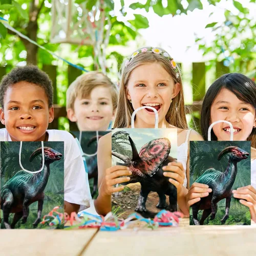 Miniatura 5 de Funrous Bolsas de regalo de fiesta de dinosaurio con mango, bolsas de papel para golosinas de dinosaurio con asas, paquete de papel para golosinas