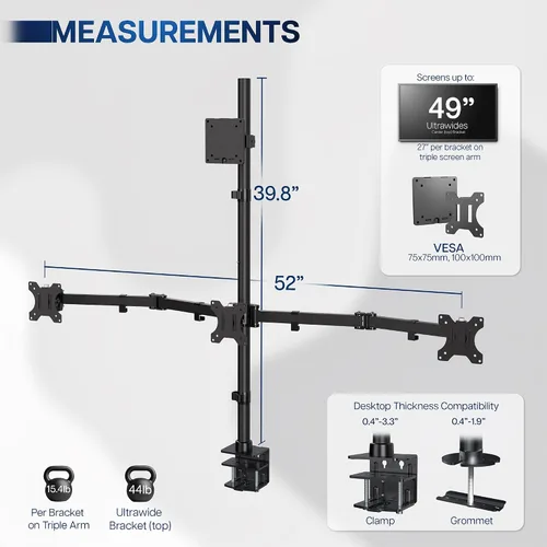 Miniatura 3 de VIVO Soporte de escritorio extra alto para monitor cuádruple para ultraanchos de hasta 49 pulgadas en el soporte superior y pantallas de 27 pulgadas