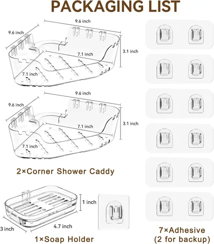 Miniatura 6 de Organizador esquinero para ducha, paquete de 3 unidades, acrílico transparente Large Capacity, Corner Shower Shelves with Soap Holder and Hooks