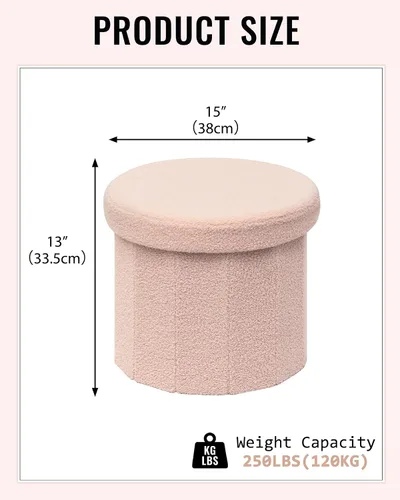 Miniatura 3 de Round Boucle - Otomana de almacenamiento, reposapiés tapizado pequeño de 15 pulgadas con almacenamiento, reposapiés otomano compacto para sala