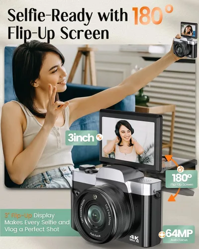 Miniatura 5 de Cámara digital 4K para fotografía con WiFi, cámara de videoblogs de 64 megapíxeles con enfoque automático para YouTube, cámara compacta de viaje