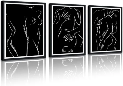 Novatique 3 piezas de arte de pared sexy en blanco y negro para parejas desnudas, decoración de pared abstracta de amor para mujeres y hombres, arte