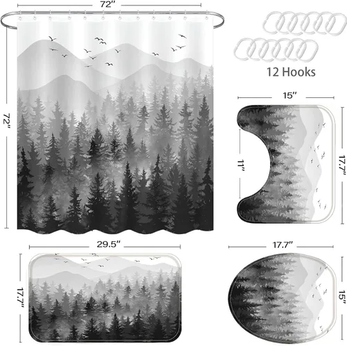 Miniatura 7 de Fungarth Juego de 4 cortinas de ducha de bosque brumoso negro y blanco con alfombra, juegos de baño de montaña con cortina de ducha de tela