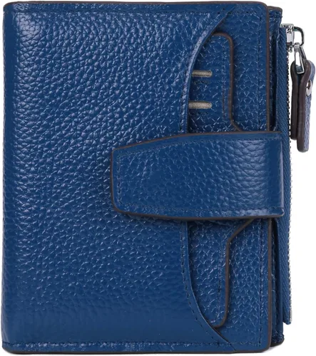 Miniatura 21 de Cartera de cuero con bloqueo RFID para mujer, pequeña, compacta, doble cremallera, con ventana para identificación