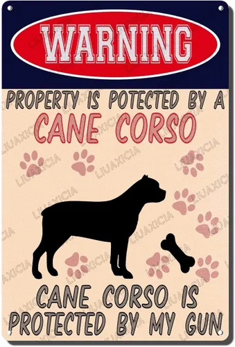 Miniatura 19 de LIUAXICIA Letreros divertidos de metal con texto en inglés "Warning Property is Potected by A American Bulldog is Protected by My Gun" The Coffee