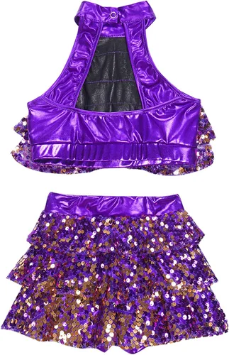 Miniatura 76 de JEATHA Top corto con borlas y lentejuelas brillantes para niñas, con minifalda, jazz latino, salsa, samba, rumba, baile
