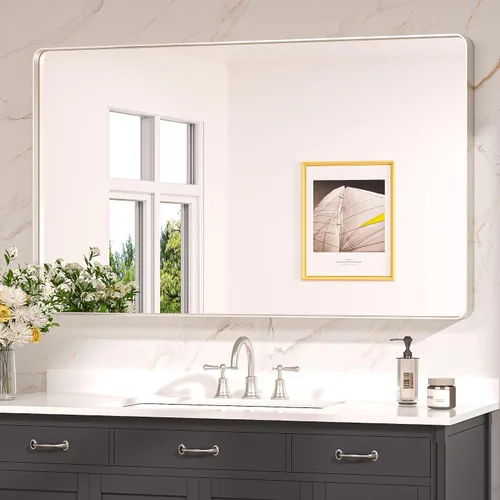 Miniatura 40 de Keonjinn Espejos de baño negros para sobre el fregadero, espejos cuadrados grandes de 36 x 36 pulgadas para pared, espejo rectangular redondeado